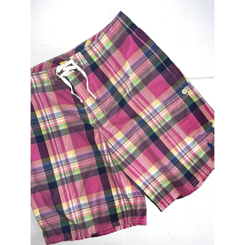 VINTAGE POLO RALPH LAUREN PINK PLAID UNLINED COTTON NYLON BOARD SWIM SHORTS 32 W